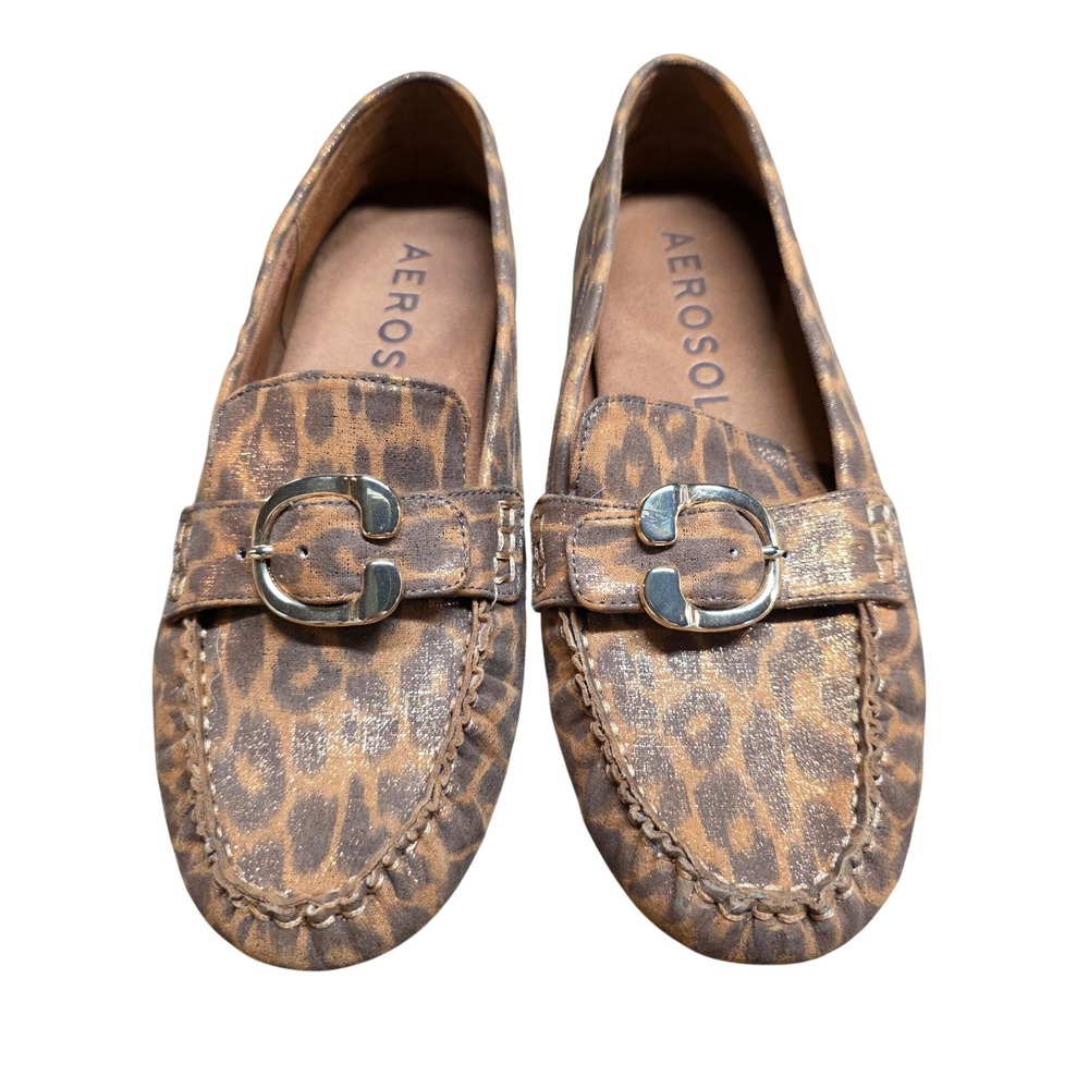 Aerosoles Womens Case Loafer Flat Leopard Metallic Faux Suede 9.5M Gold Buckle